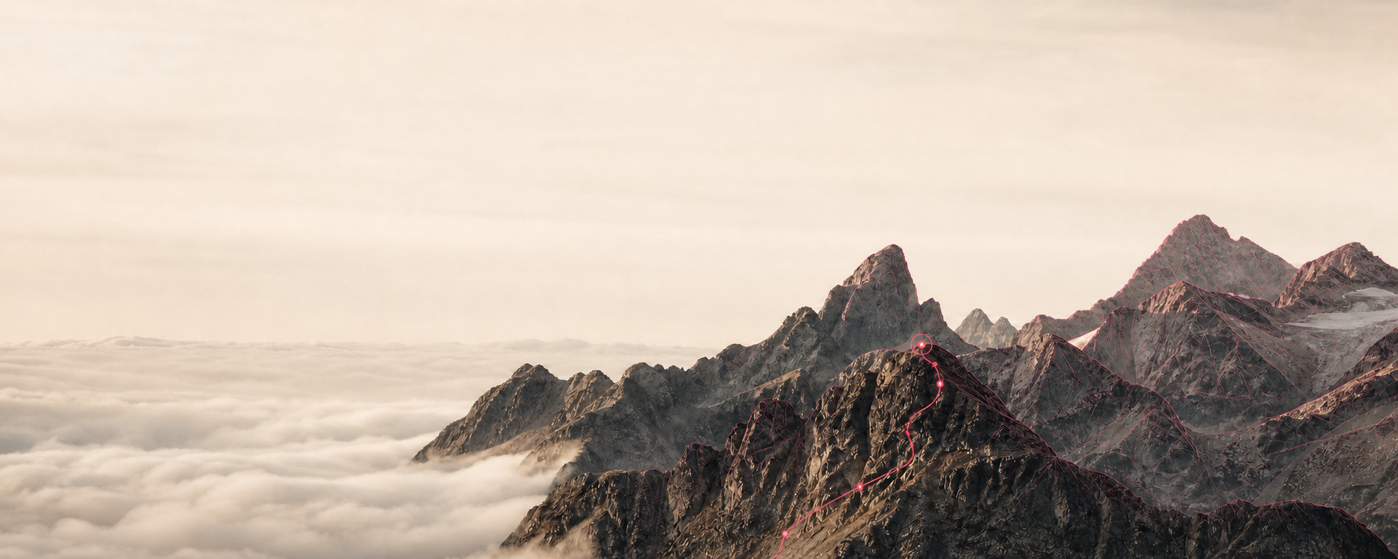 Alpine Bergkette mit neonpinken Digitalkonturen und einer markierten Route
